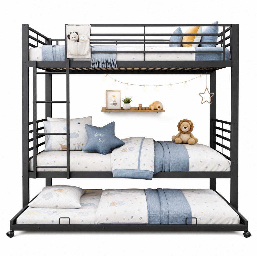 Letto a castello 3 posti in metallo nero 90x200 cm