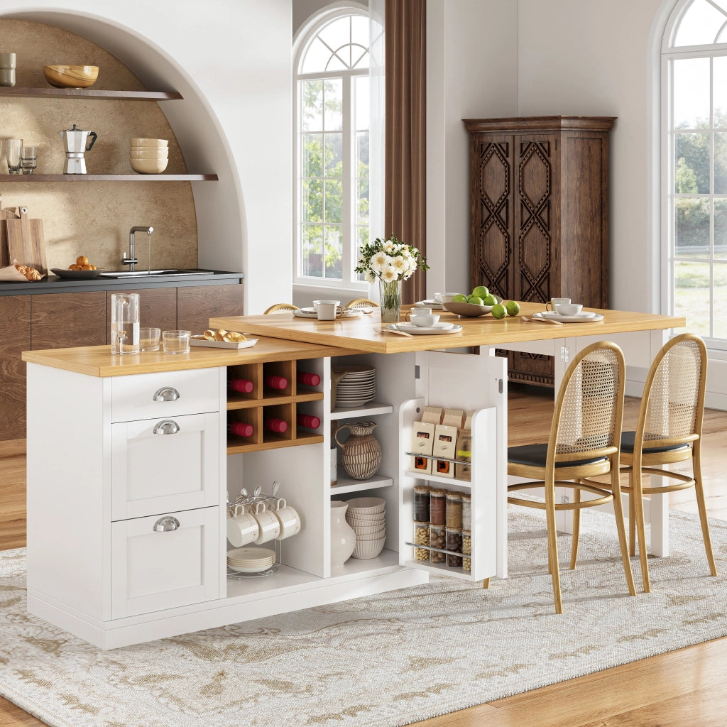 Tavolo bar estensibile con contenitore; 1 cassetto; portabottiglie; mobile cucina girevole 360°; per cucina; 120 × 40 × 74 cm