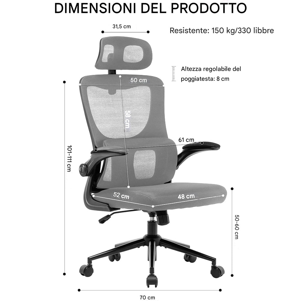 Sedia da Ufficio Ergonomica Grigio Rete Traspirante Supporto Lombare Poggiatesta