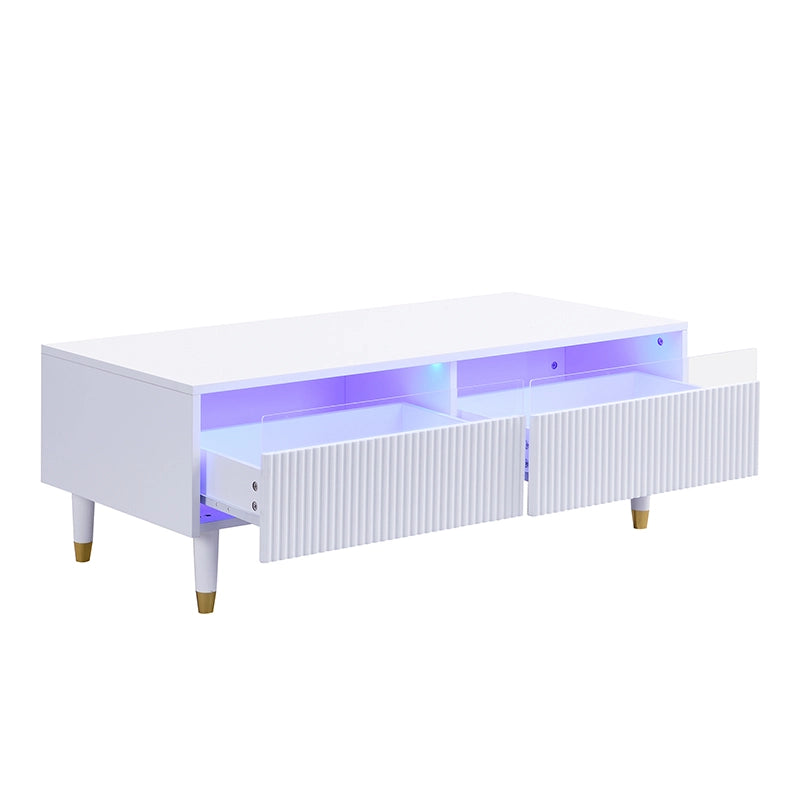 OKWISH Set di 2 Mobili da Soggiorno con Mobile TV a 4 Ante e Tavolino con 2 Cassetti, LED, MDF Bianco