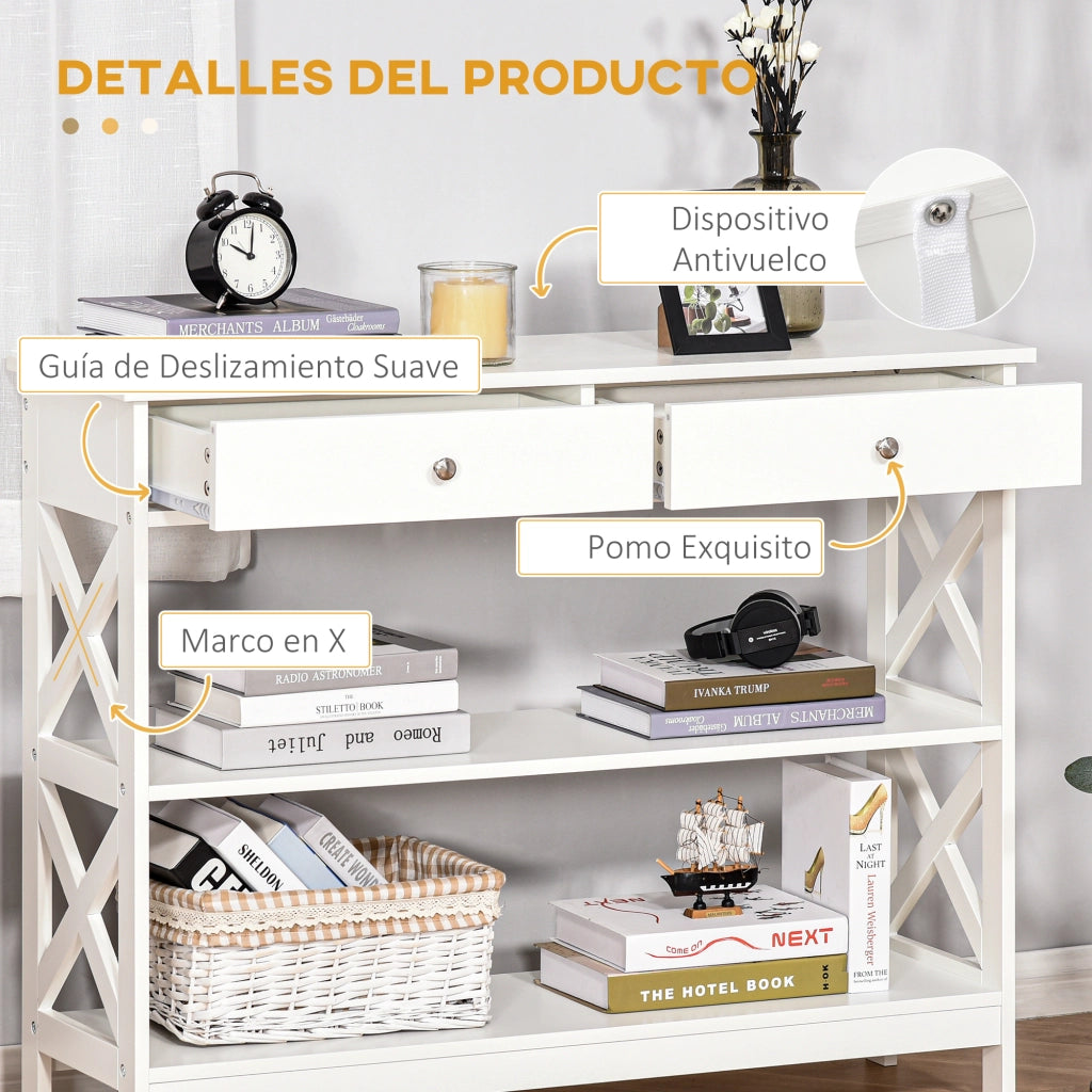Consolle Ingresso con 2 Cassetti e 2 Ripiani ¨C zephmum ¨C Bianco 100x30.5x80 cm