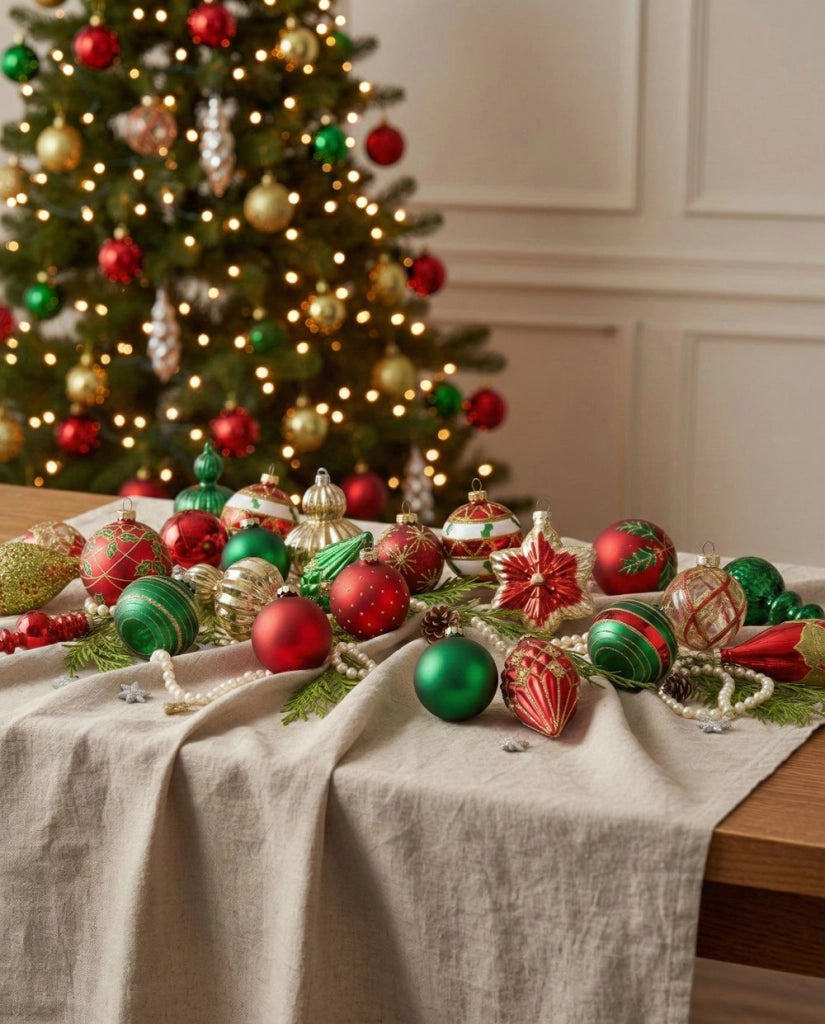 Set di 70 palline di Natale in vetro rosso e verde da appendere all'albero di Natale in stile tradizionale glamour rosso e verde