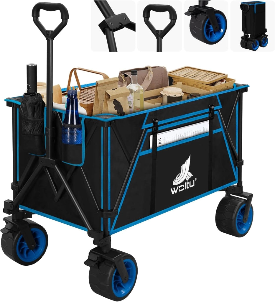 Carrello Pieghevole con Ruote da Spiaggia, Carrello da Giardino, Campeggio, Viaggio, Spesa, Borsa di Trasporto, Oxford+Acciaio, Nero+Blu