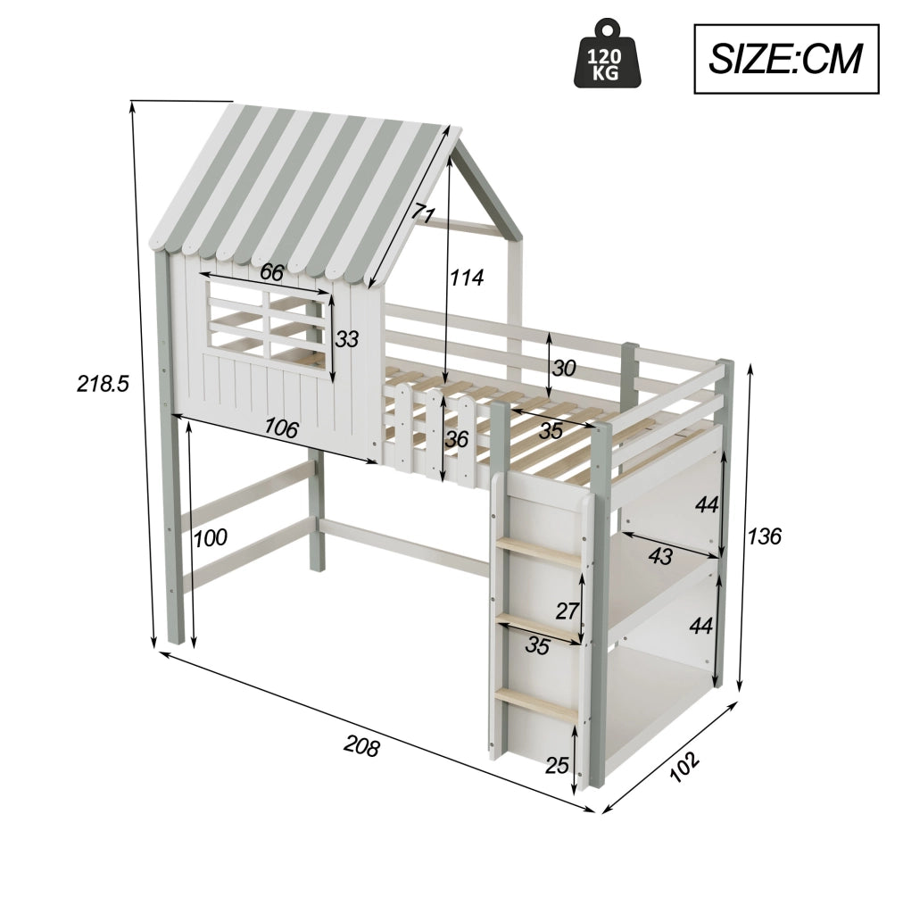 Letto per bambini a casetta 90x200 cm con scala di sicurezza e rete a doghe; legno massello verde