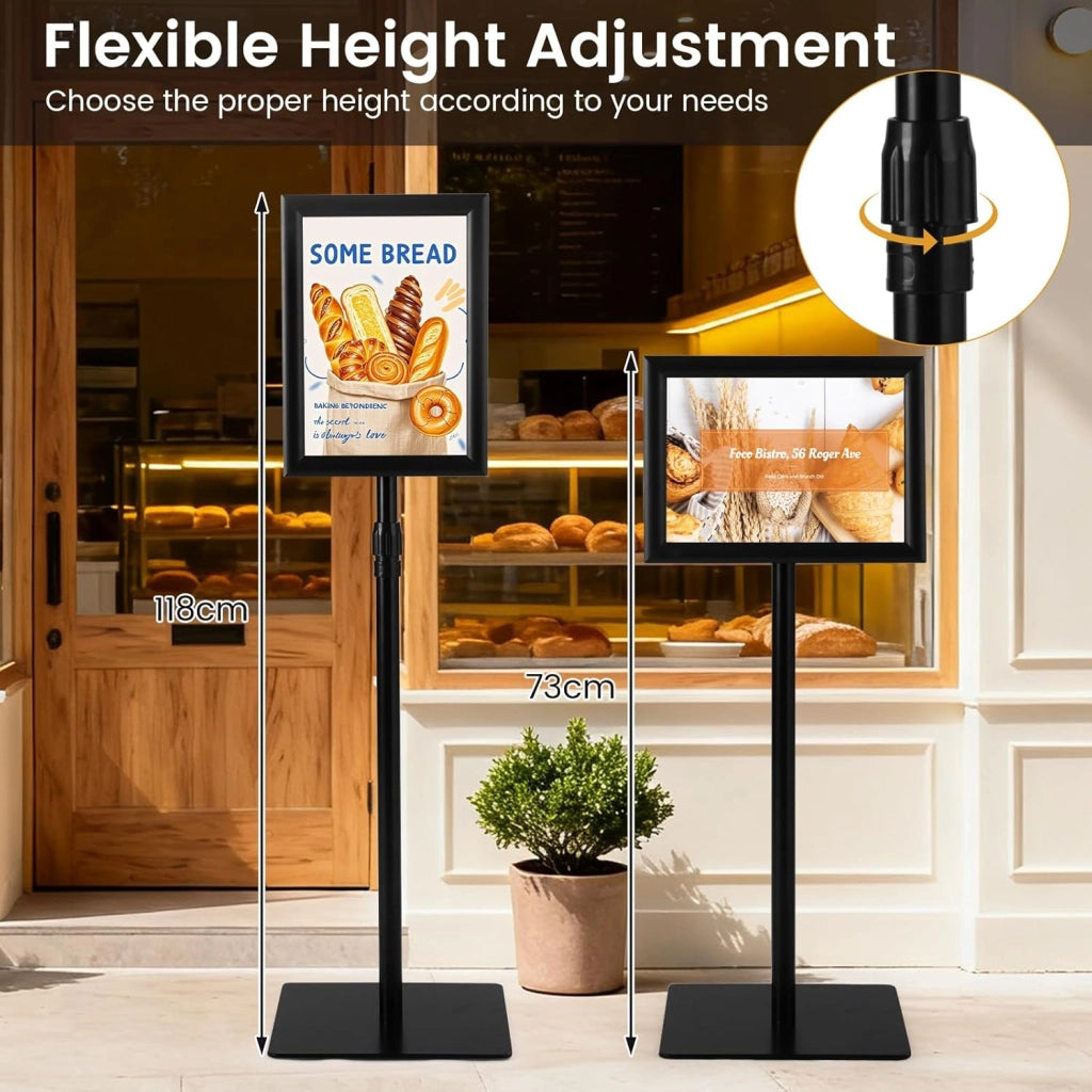Supporto per poster A4, set di 2 espositori con rotazione a 360°, altezza regolabile 74-118 cm, base ponderata, pannello per menu, matrimonio, ristorante (nero, 2)
