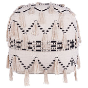 Pouf beige con nappe decorative in maglia di cotone Nero Boho Design