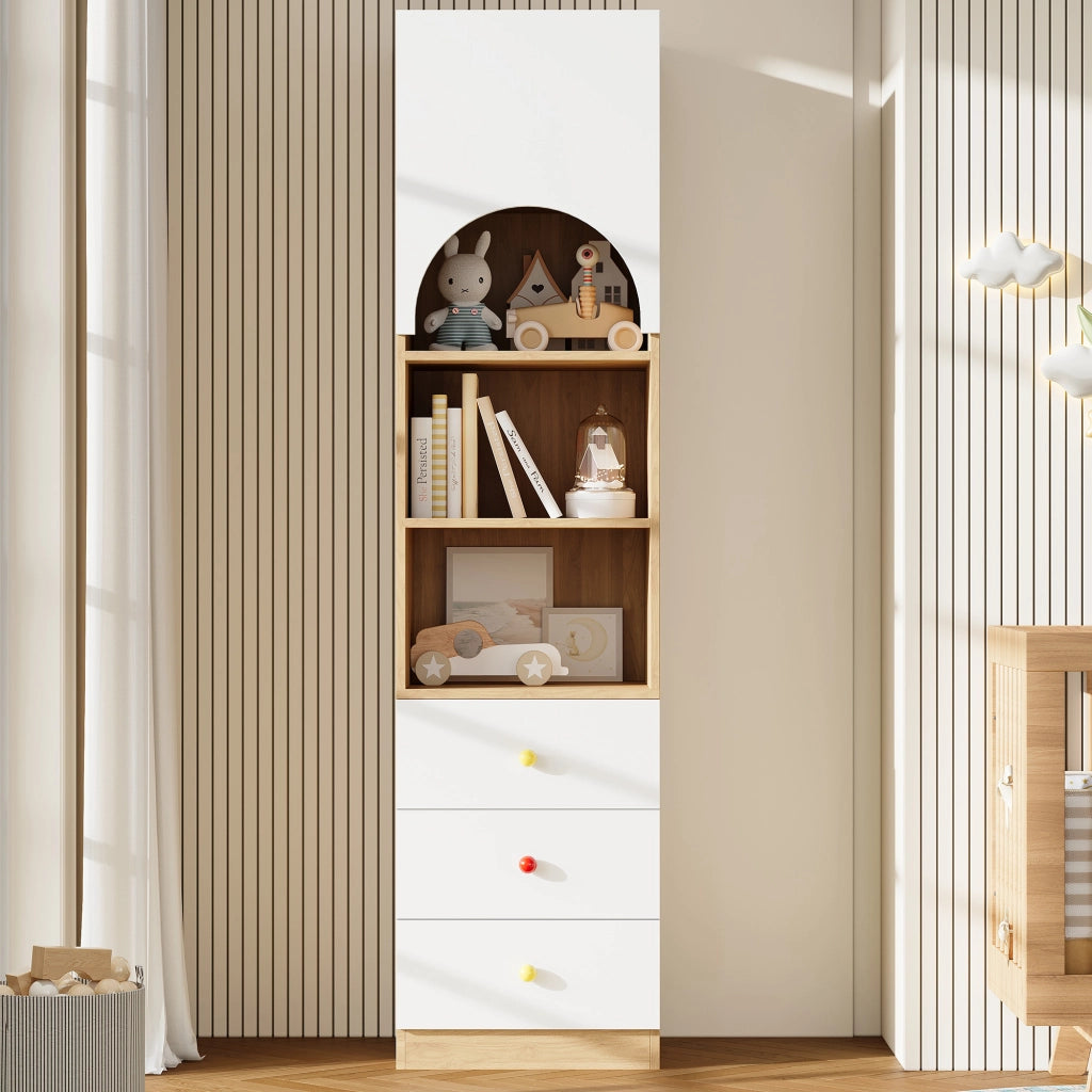 Libreria, vetrina, 3 cassetti, ripiani portaoggetti, maniglie in ceramica, finitura effetto legno, bianco