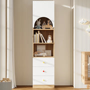 Libreria, vetrina, 3 cassetti, ripiani portaoggetti, maniglie in ceramica, finitura effetto legno, bianco