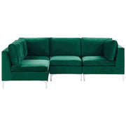 Divano angolare modulare versione destra in velluto verde a 4 posti con gambe in metallo argento stile glamour