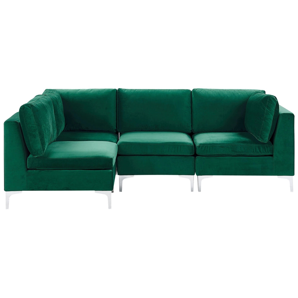 Divano angolare modulare versione destra in velluto verde a 4 posti con gambe in metallo argento stile glamour