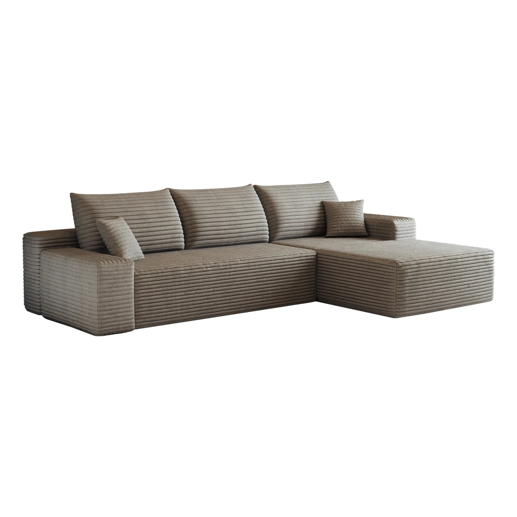 Divano angolare modulare con chaise longue e seduta profonda in tessuto camel