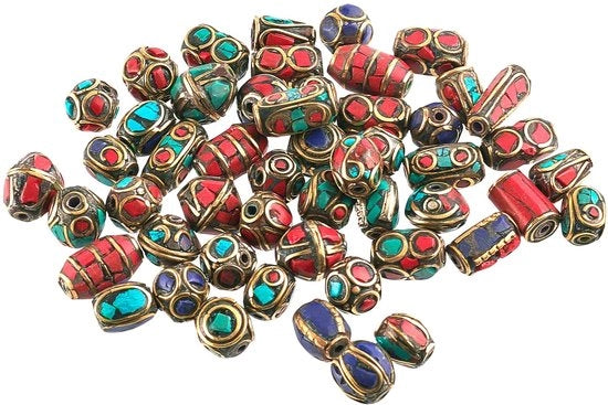 50 pezzi di perle tibetane in turquesa, perle spacer miste, perle a colonna rotonda, perle Boeddha artigianali singole per creare orecchini, collane, bracciali e gioielli