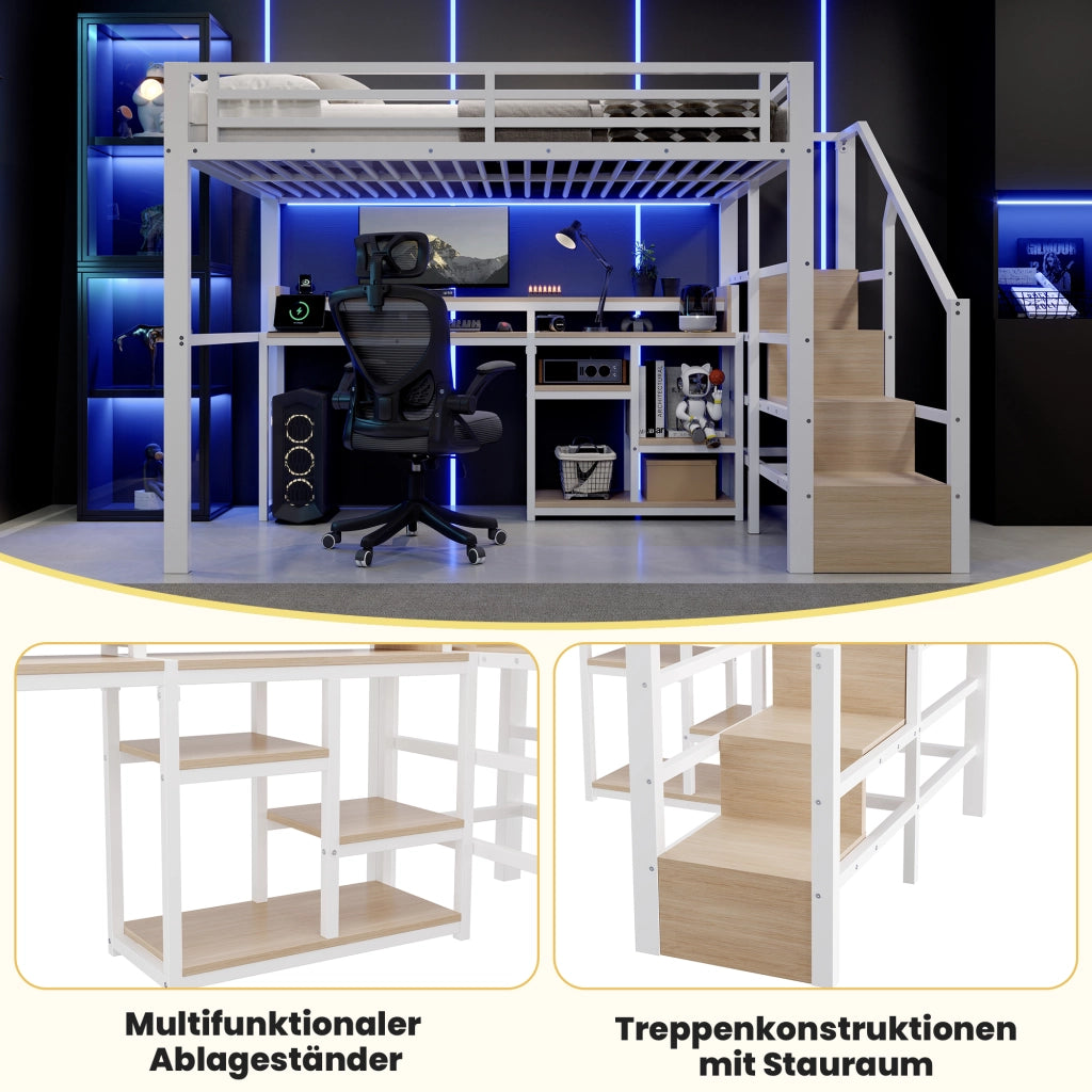 Letto a soppalco 140 × 200 cm con scala contenitore, ripiano, USB e Type-C, LED, senza materasso, bianco