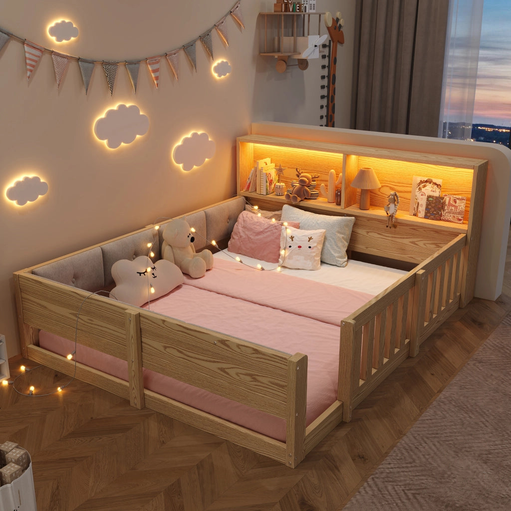 Letto per bambini 140 x 200 cm con sponde, LED e contenitore