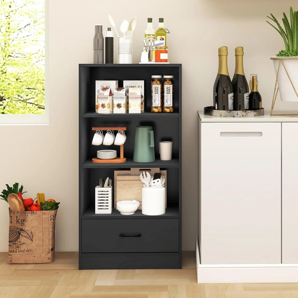 Mensola con cassetto, Libreria 4 Livelli con 3 Vani Aperti, Mensola in Legno per Soggiorno, Camera da letto, Ufficio (Grigio)