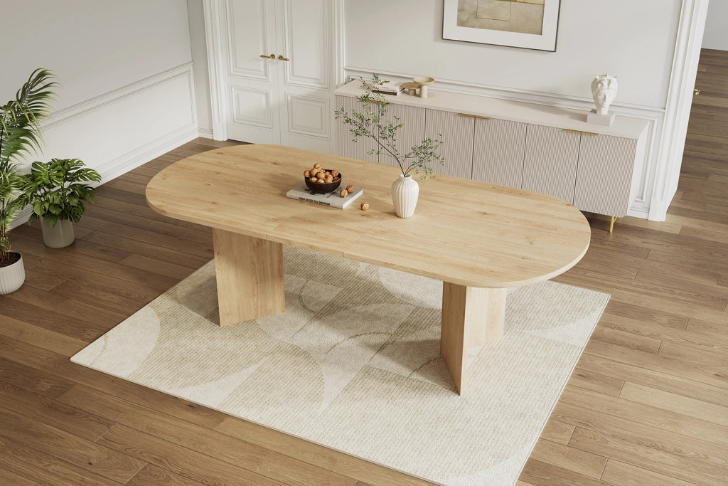 Tavolo da pranzo allungabile 140/180 cm in MDF effetto rovere, per 4-8 persone, con angoli arrotondati