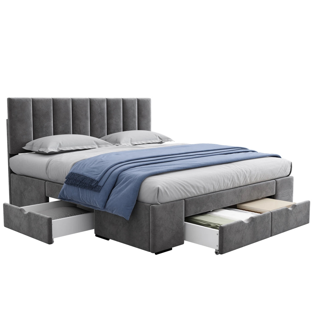 OKWISH Letto con Cassetti 160×200 cm, Letto Matrimoniale con 4 Cassetti, Testiera Regolabile e Rete, senza Materasso, Velluto, Grigio