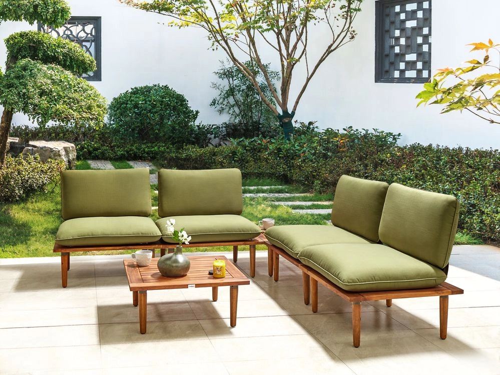Set Divani Da Giardino Cuscini Grigi In Legno Massello Di Acacia Set Conversazione Da Esterno Moderno A 2 Posti Poltrone Con Tavolino