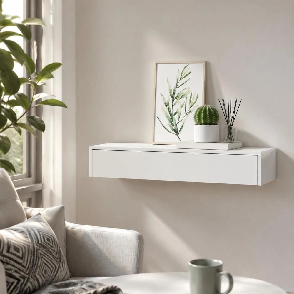 Wall Shelf With Drawer, White, 60x23.5x10 Cm, MDF