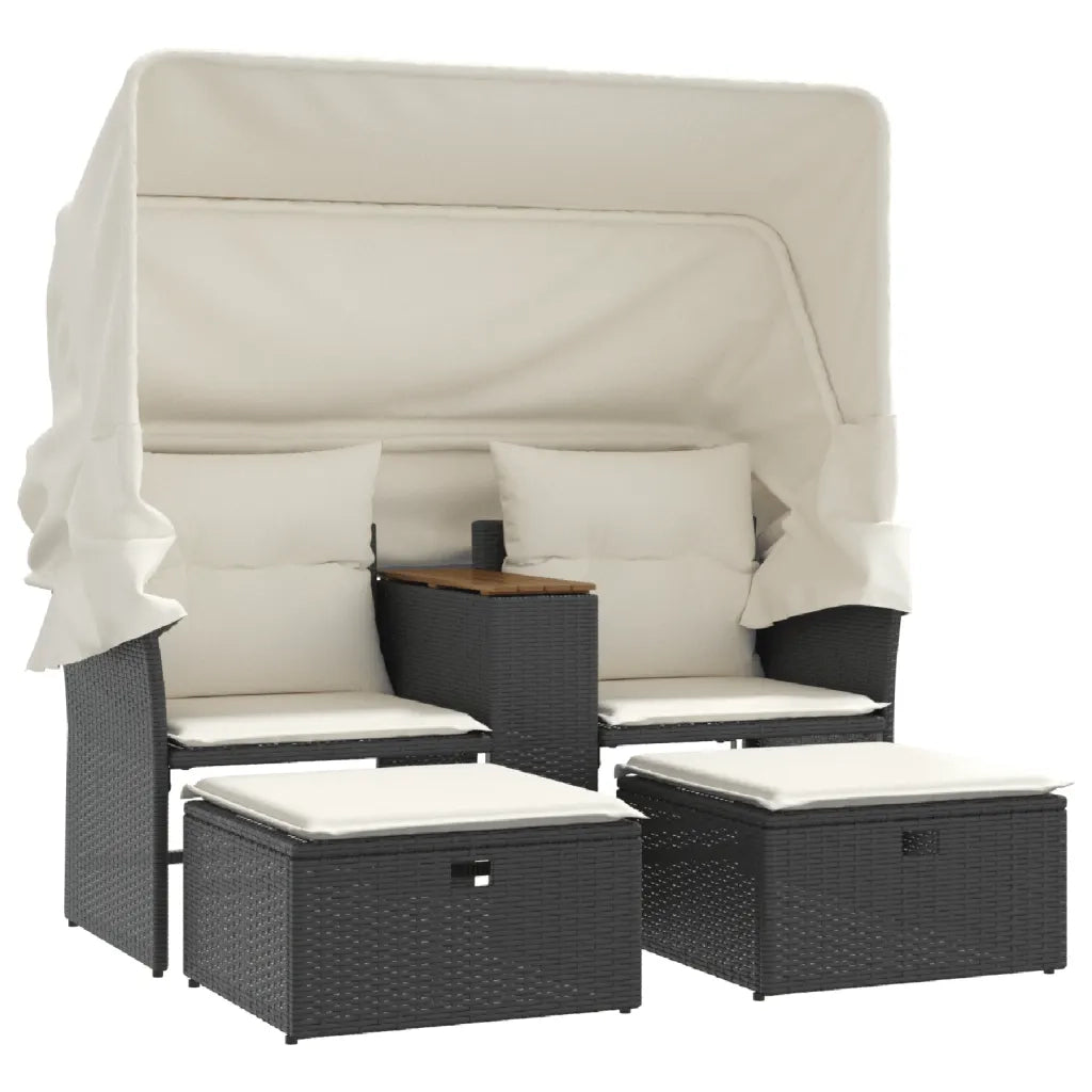 Divano Giardino 2 Posti-Sofa da Giardino-Divanetto da esterno Baldacchino e Sgabelli Nero Polyrattan 692730