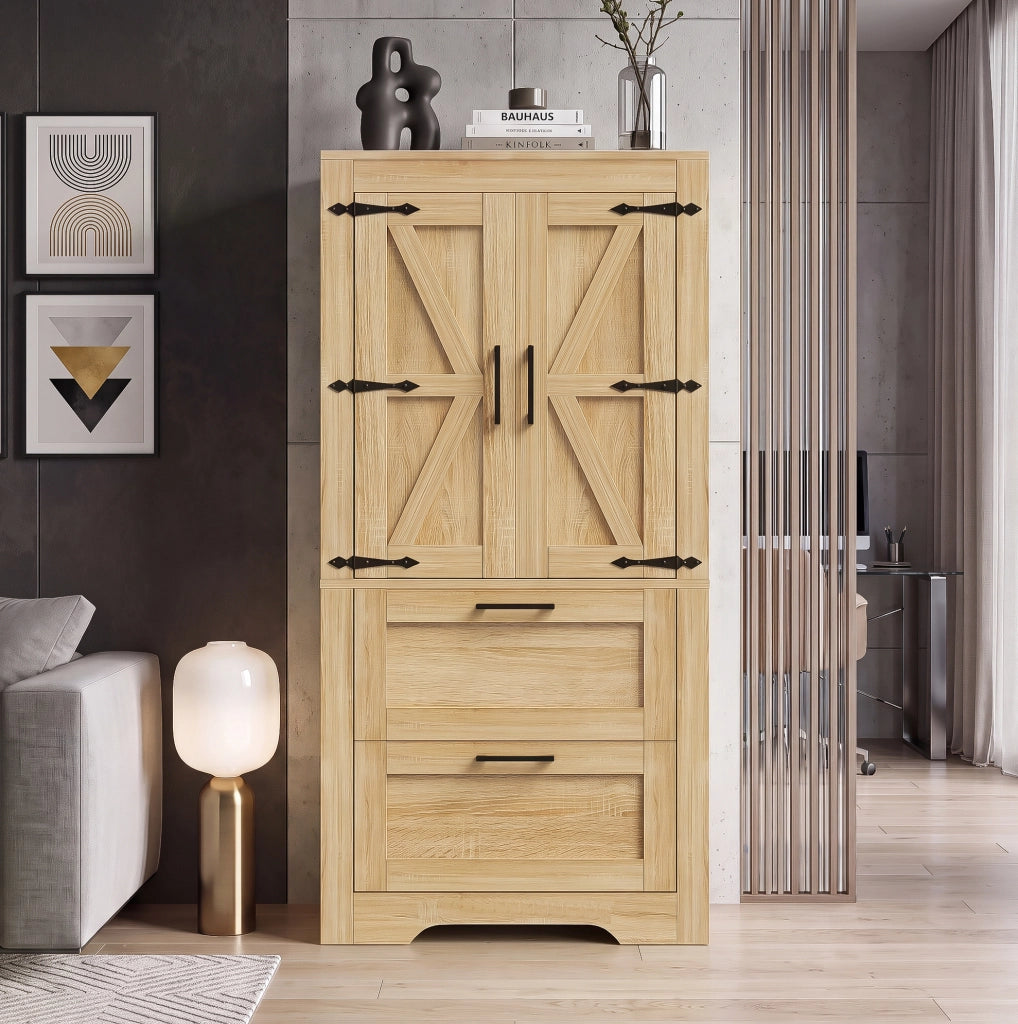 Mobile alto 60x30x128 cm con 2 cassetti e ripiani regolabili in MDF colore naturale