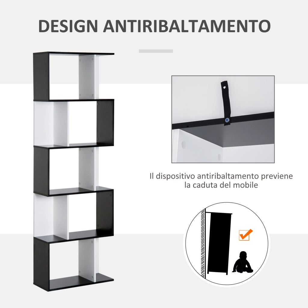 Mobile Libreria in Legno a 5 Ripiani con Divisorio, 60x24x184.5 cm, Bianco e Nero