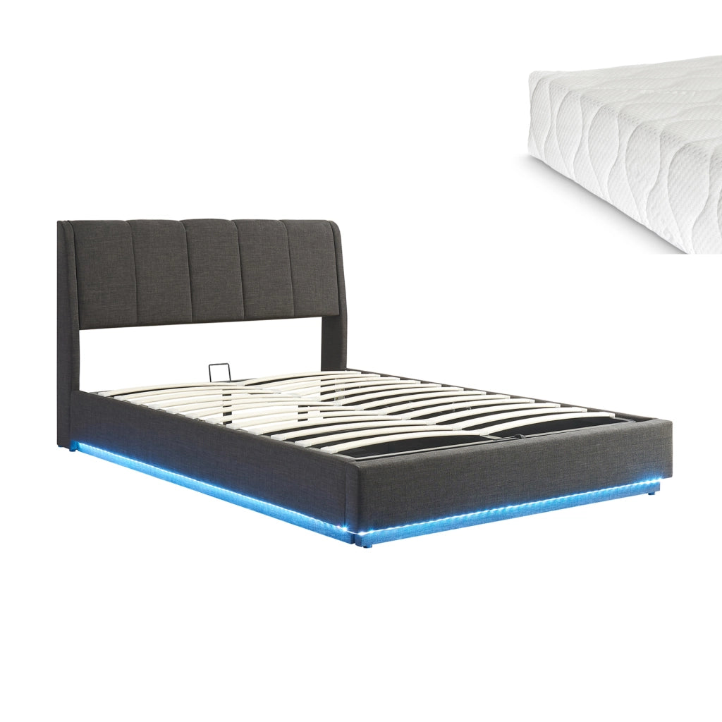 Letto Contenitore Tröstiar con Luce LED Letto Francese con Materasso 140x200 cm Nero [en.casa]