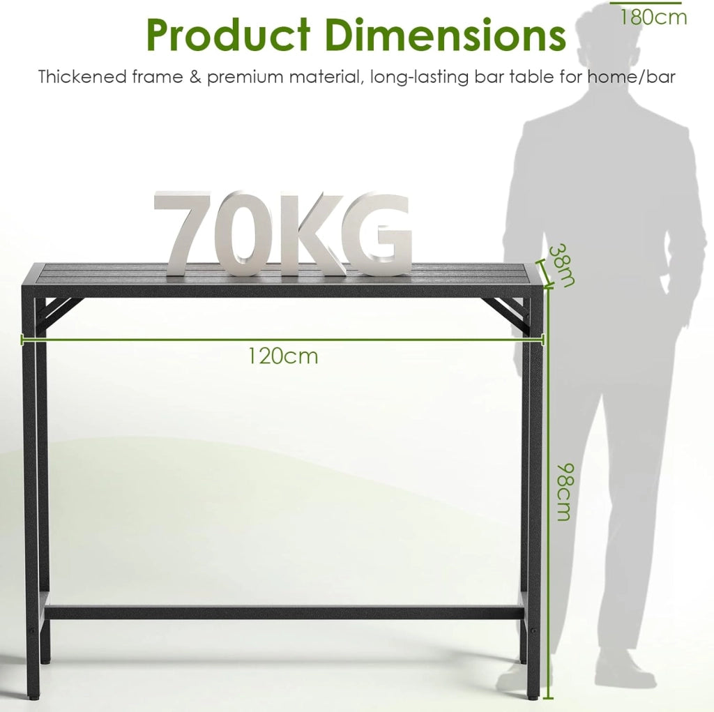 Outdoor Bar Table, 120 x 38 x 98 cm, Tavolo da Giardino Cortile con Piano Impermeabile, Tavolo da Bar Alto con Piedini Regolabili, adatto per Terrazza, Bordo Piscina, Soggiorno, Nero