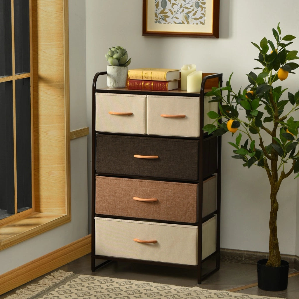 Cassettiera con 5 cassetti pieghevoli in tessuto, Organizer a 4 livelli con superficie in legno per ingresso