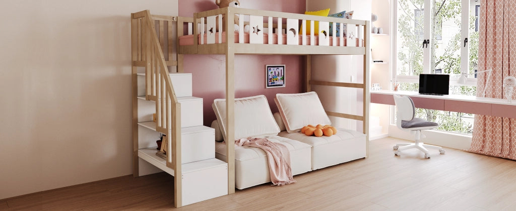 Letto a castello in legno massello bianco e naturale con scala spazio di stoccaggio 90x200cm