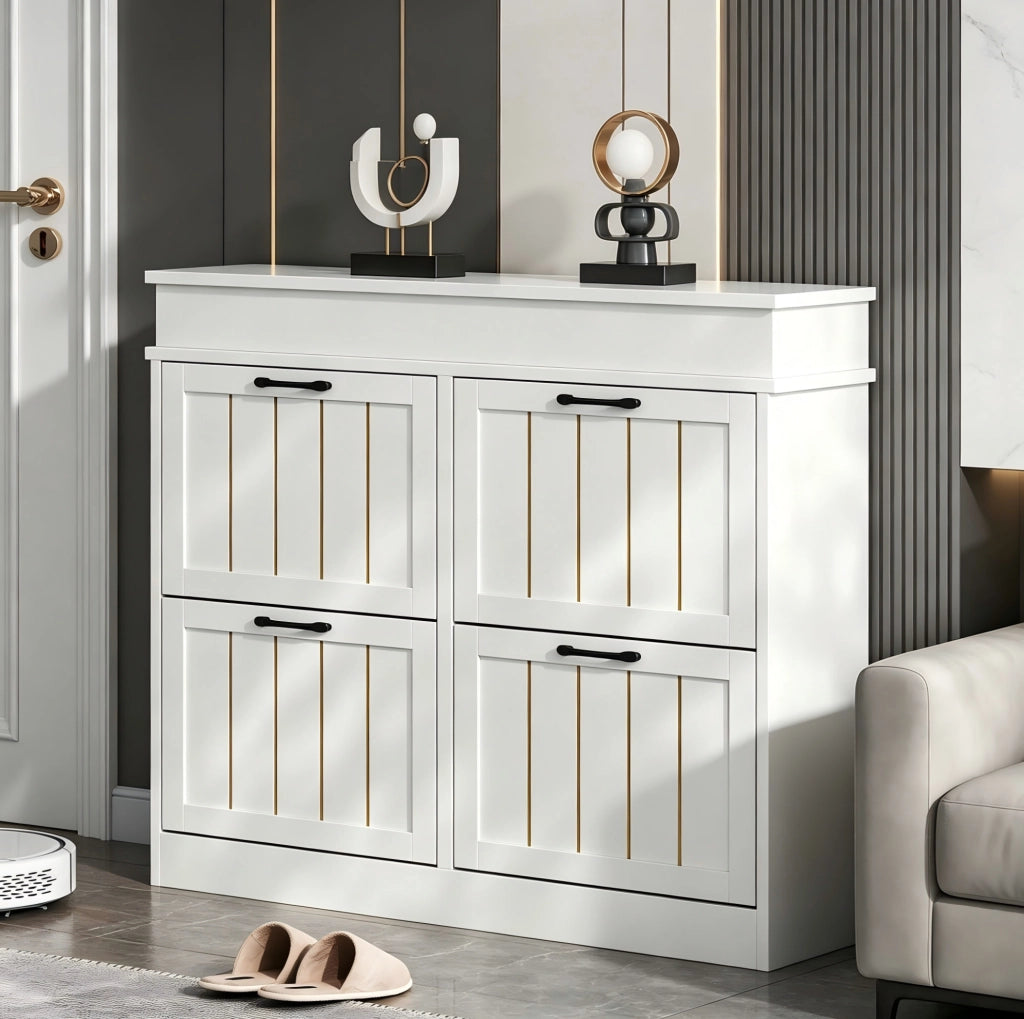 Scarpiera sottile in MDF bianca 105x24x83 cm con 4 ante