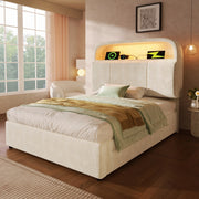 LETTO contenitore 90x200 cm in velluto beige con materasso incluso, LED e USB/Type-C