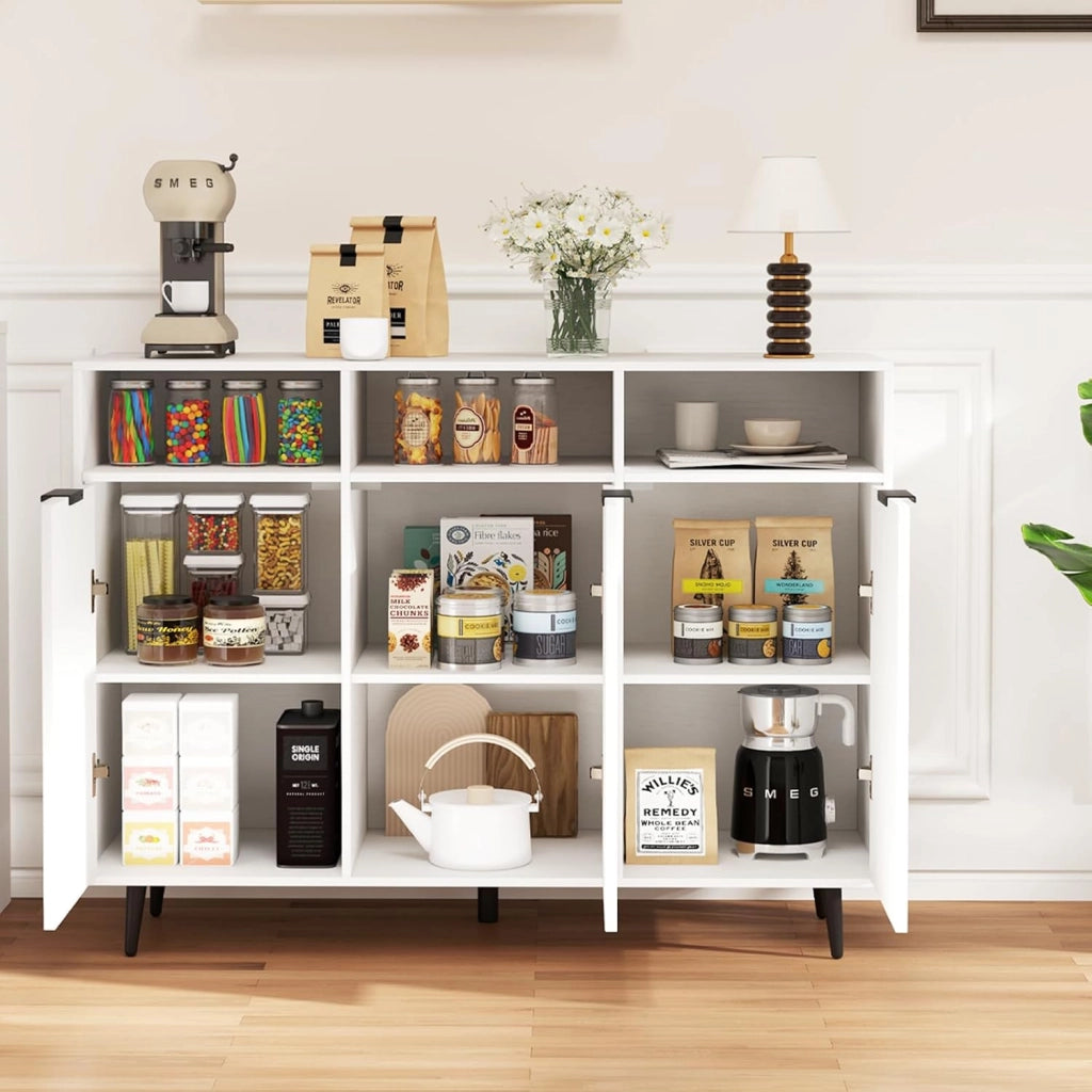 Armadietto da cucina a buffet, credenza da cucina con ripiani regolabili a 5 scomparti, con 3 scomparti aperti e ante multiuso, per sala da pranzo e soggiorno