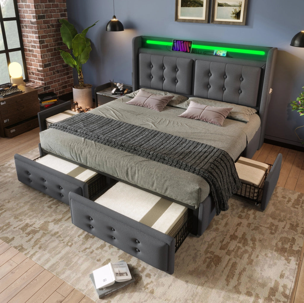 Letto matrimoniale 140x200 cm con LED; USB C e 4 cassetti; tessuto cotone e lino grigio