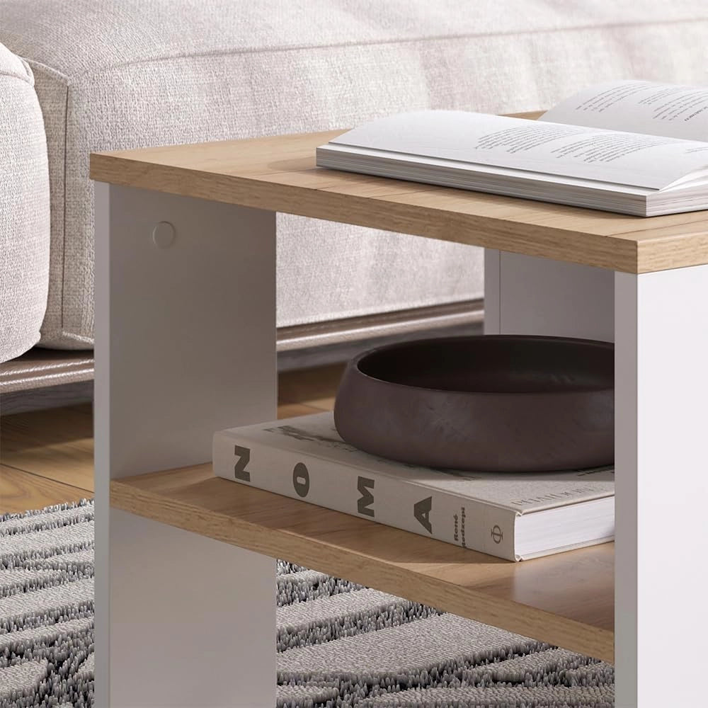Tavolino Wilmut, Quercia dorata/bianco, 89.8 x 46.4 cm con cassetto, Superficie d’appoggio per riviste e telecomandi