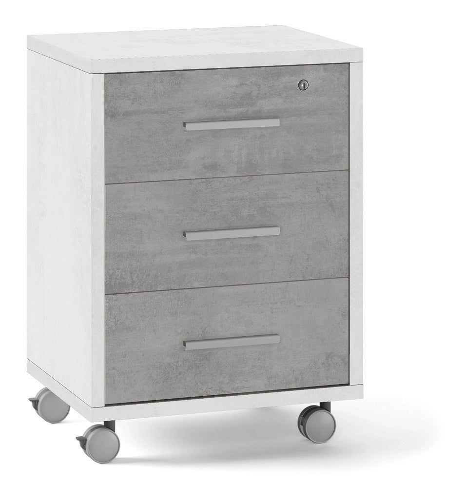 MOBILE CASSETTIERA 3 CASSETTI SU RUOTE H71 L51 P41 Cm STRUTTURA BIANCO FRONTALE CEMENTO SARMOG Db733