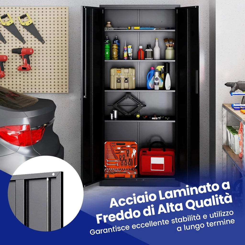 Armadio Portadocumenti, Armadio Multiuso con 2 Ante con Serratura e 4 Ripiani Regolabili, Armadio da Stoccaggio per Ufficio, Soggiorno e Scuola, 80 x 40 x 180 cm