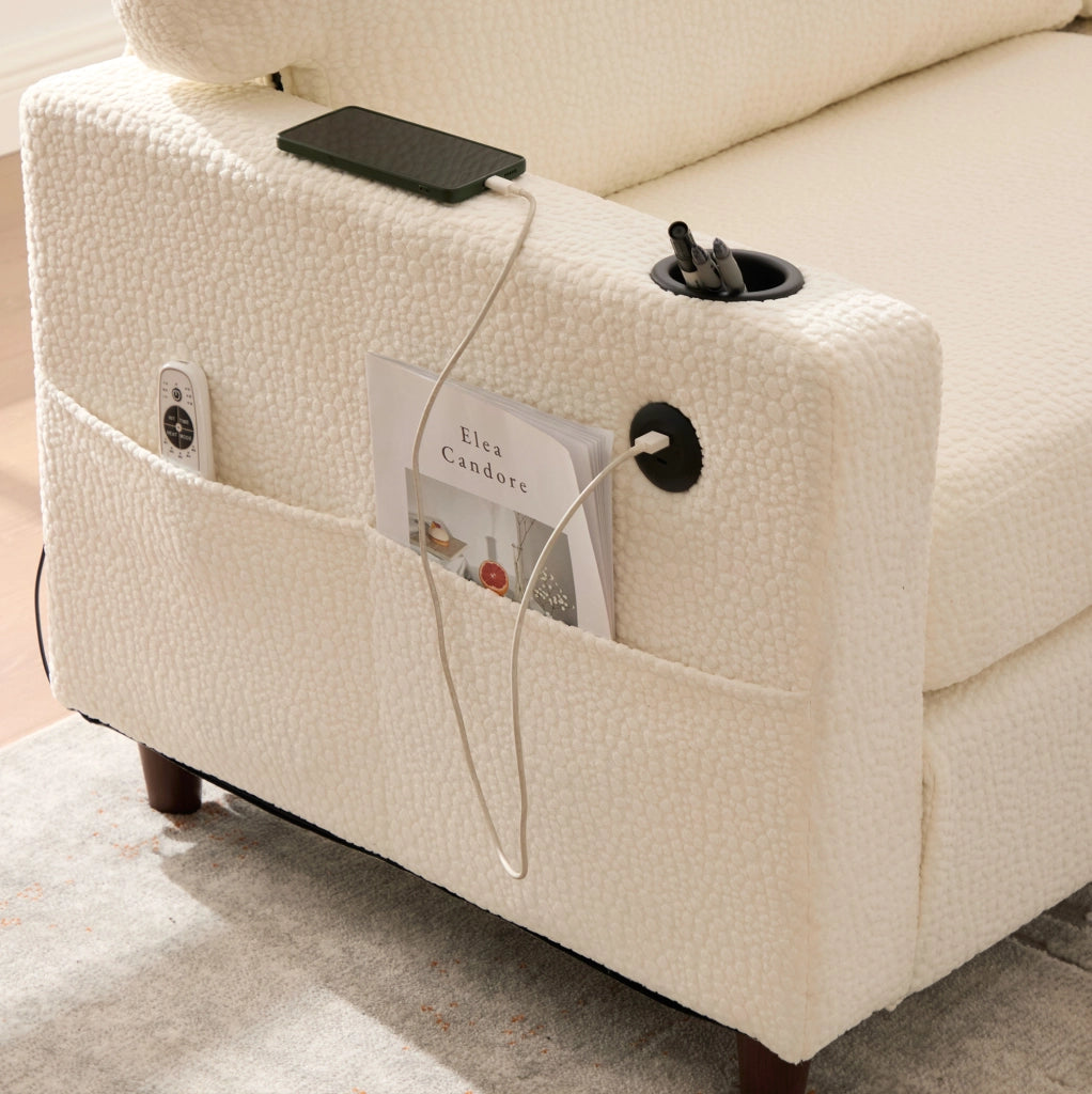 Divano 2 posti in ciniglia beige con USB-C; LED dimmerabile e portabevande