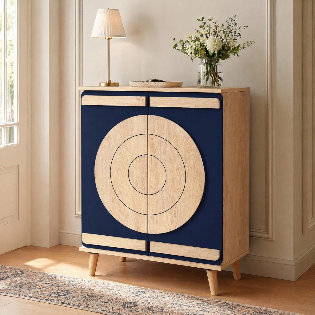 Mobile scarpiera moderno con porte geometriche; 76x37x98;5 cm; in pannelli truciolari blu e naturale