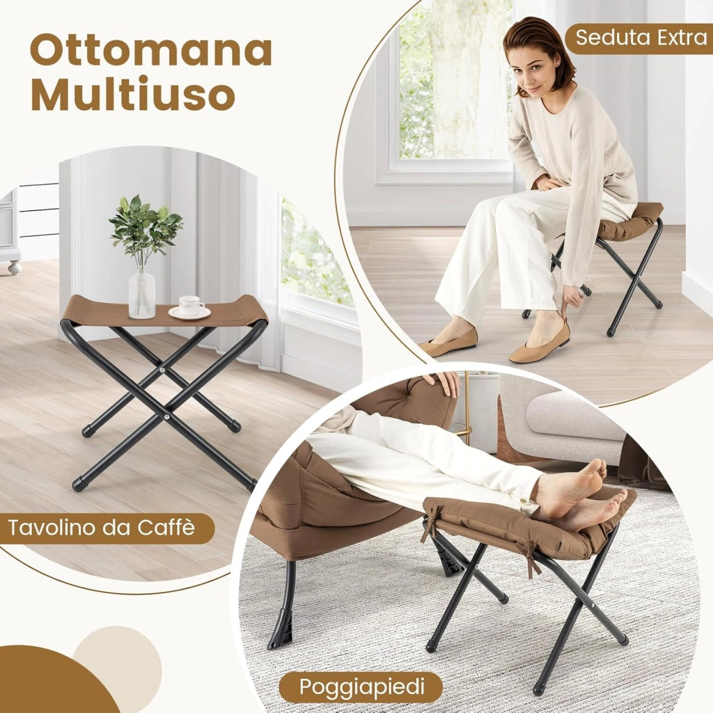 Poltrona Relax, Poltrona da Lettura con Cuscino, Elegante con Schienale e Seduta Imbottiti, Braccioli e Tasca di Stoccaggio, Portata 150 kg (Con Pouf, Marrone)