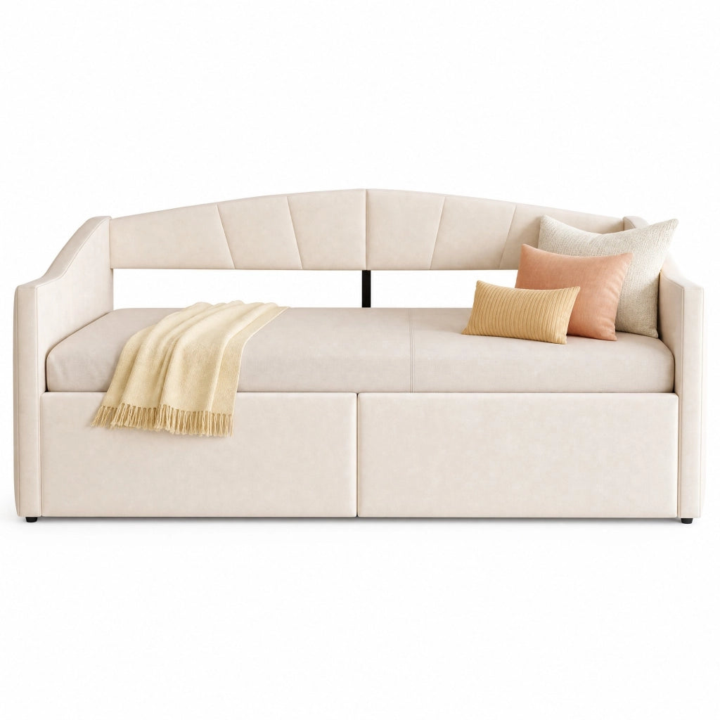 Sofà letto imbottito 90x200 cm con contenitore idraulico; rete a doghe e braccioli; beige