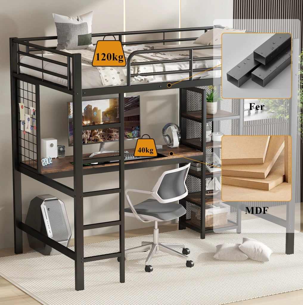 Letto a soppalco 90x200 cm con scrivania e scaffale