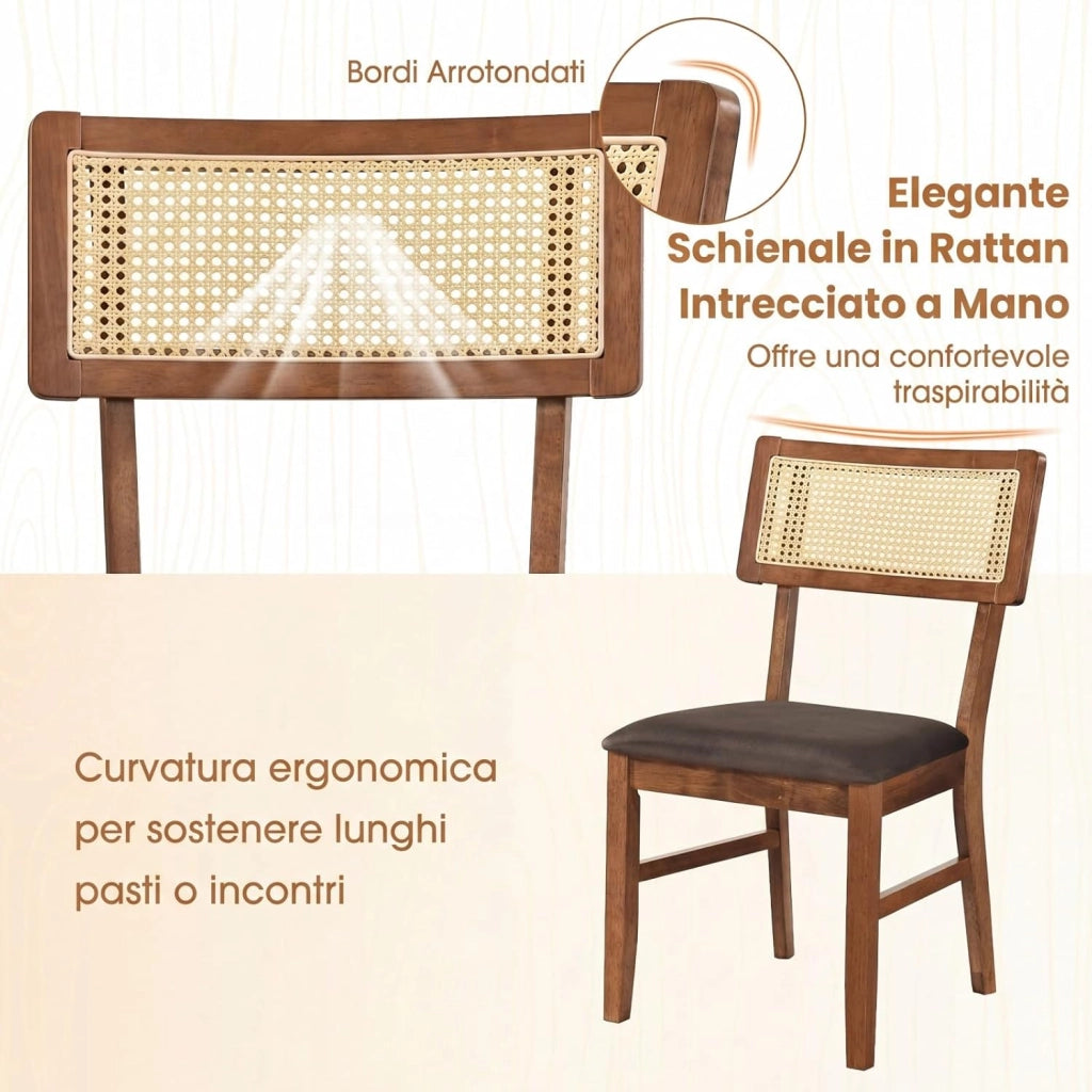 Set di 2 Sedie da Pranzo, Sedie Imbottite con Schienale in Rattan Intrecciato, Struttura in Legno di Hevea, Seduta in Velluto, Portata 180 kg, Sgabello d’Accent Boho per Soggiorno e Cucina