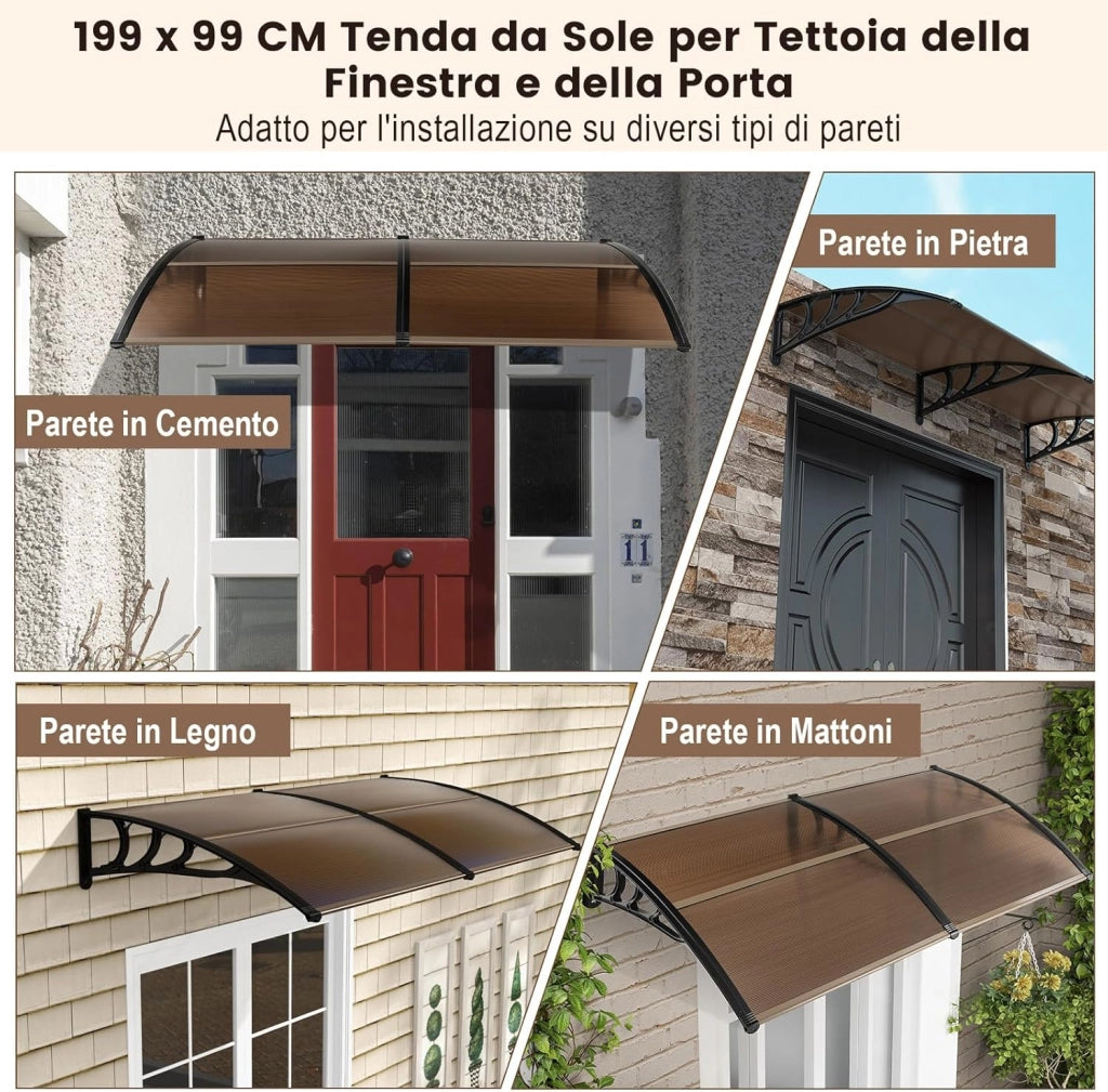 Tettoia per Porta Finestra, Pensilina Tettoia per Porta in Policarbonato, per Protezione da Sole, Pioggia, Neve, per Balcone, Finestre e Porte (199 x 99 x 28 cm,Marrone)