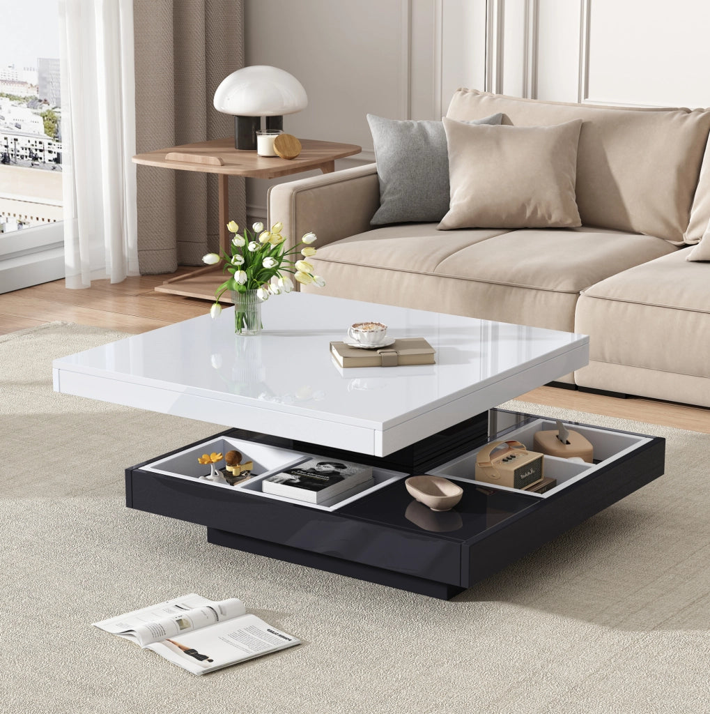 Tavolino da salotto 70x70x36 cm; girevole 360掳 a doppio livello con vano; truciolato bianco e nero