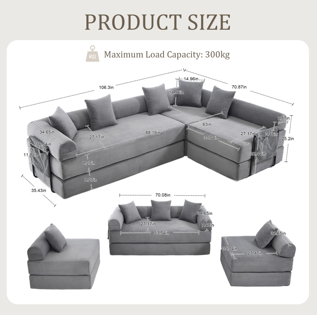 Divano modulare 270x180x64 cm con tasca laterale e funzione letto; corduroy grigio scuro
