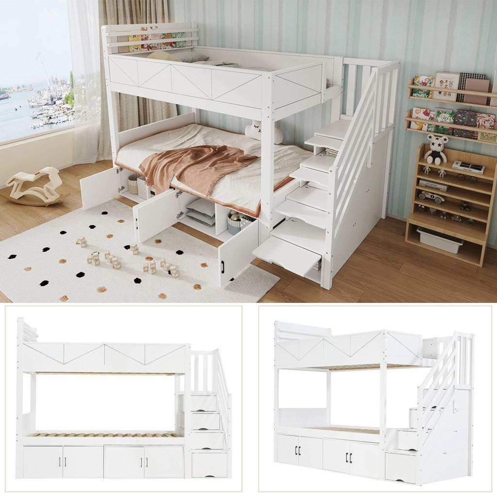 Letto a castello 90 × 200 cm con scala contenitore, armadi sotto letto, sponde alte, senza materasso, bianco