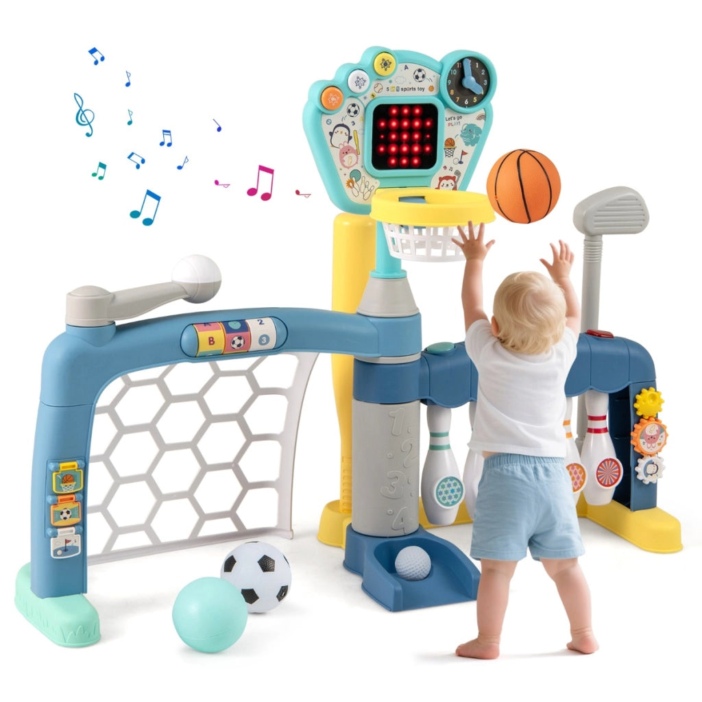 Giocattolo sportivo 5 in 1 per bambini con canestro da basket regolabile-Giocattolo sportivo per bambini con luci e suoni
