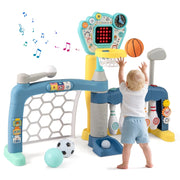 Giocattolo sportivo 5 in 1 per bambini con canestro da basket regolabile-Giocattolo sportivo per bambini con luci e suoni