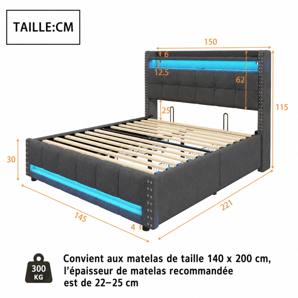 DESMIU Letto imbottito 140 × 200 cm con LED, USB, ripiani e 4 cassetti, senza materasso, grigio